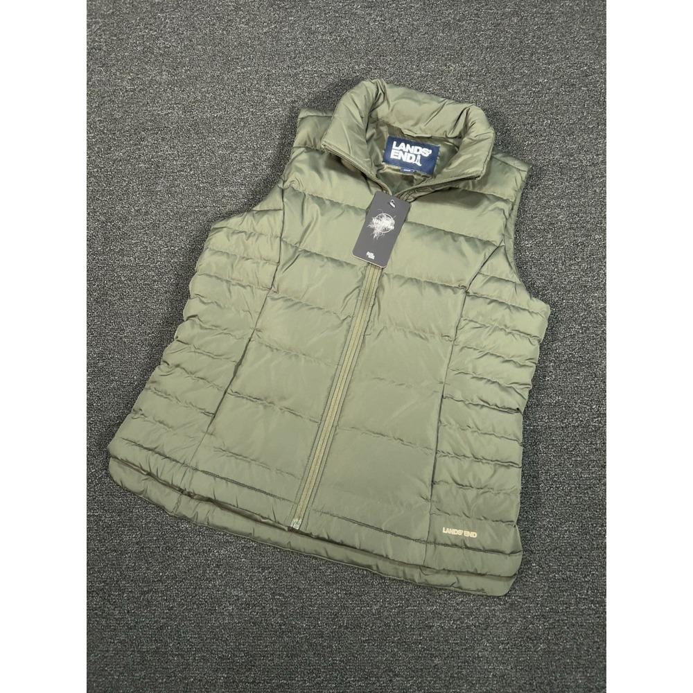New Lands End Down Vest Women's Medium Green Puffer 600 Fill Full Zip Outdoors